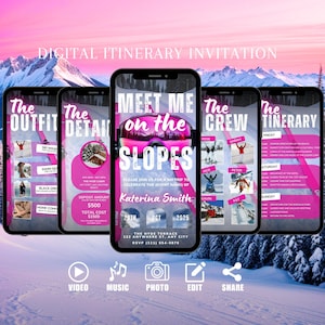 May include: A digital invitation for a ski trip with a pink and white color scheme. The invitation includes details about the trip, including the date, location, and RSVP information. The text on the invitation reads "Meet Me on the Slopes" and "Katerina Smith".
