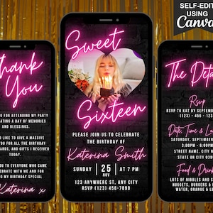 Digital Sweet 16 Photo Invitation, 16th Birthday Party Pink Evite For Her, Animated Sweet Sixteen, Self Editable Itinerary & Thank You eCard