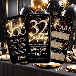 May include: A digital invitation for a 32nd birthday party with a black background and gold glitter accents. The invitation features the text "32nd Birthday" and the name "Katerina Smith". The invitation also includes the date, time, and location of the party.