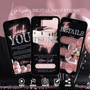 Digital Trunk Party Invitation, Animated Pink College Send Off Invite, High School Graduation Evite, Self Editable Template eCard For Women