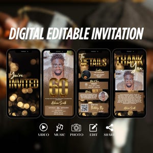 Modern 60th Birthday Invitation Digital Download, Stylish Dinner Party Invite For Men, Editable Black and Gold Evite, Custom Luxury Template