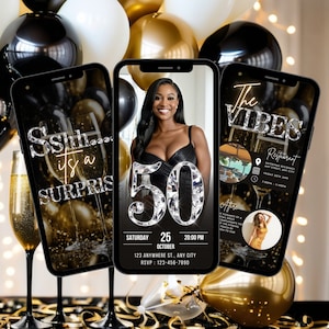 Digitale verrassing 50e verjaardagsuitnodiging, geanimeerde dineruitnodiging voor vrouwen, foto afbeelding vijftig Evite, zelf bewerkbaar reisplan e-card
