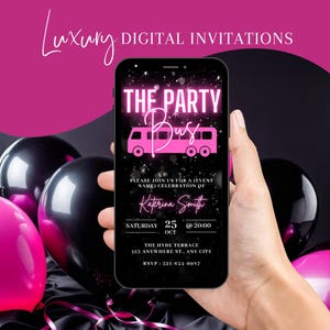 Digital VIP Party Bus Invitation, Limo Birthday Party Invite, Pink Gaming Bus Evite For Women, Party Bus Evite, Self Editable Template eCard