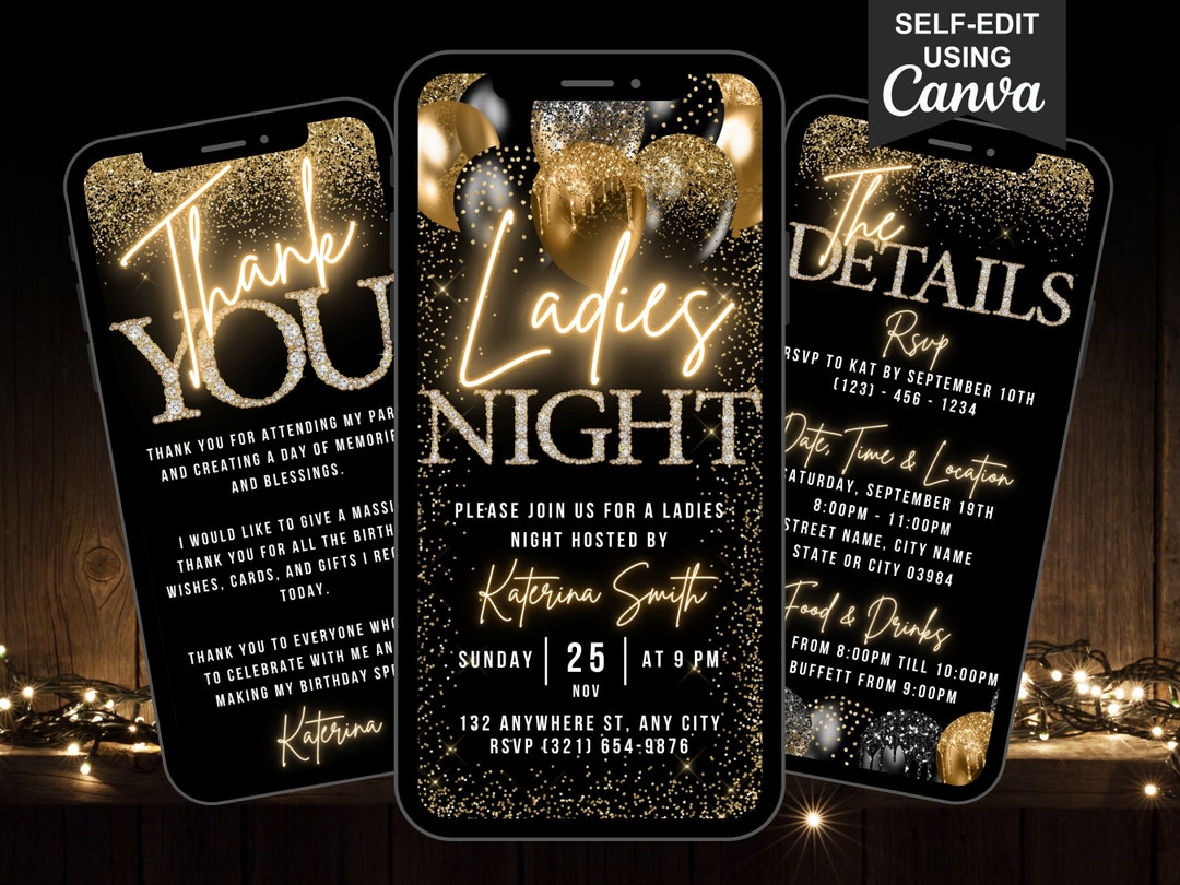 Digital Ladies Night Out Invitation, Animated Fun Gold Black Birthday ...