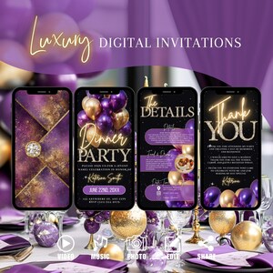 May include: Digital invitation design with a luxury theme. The design features four smartphones displaying invitation details, including a dinner party announcement with gold and purple accents. The text reads "Luxury Digital Invitations."