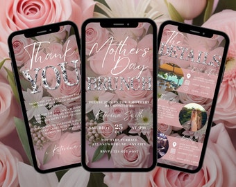 Digital Mothers Day Brunch Invitation, Animated Happy Mothers Day Invite, Mom and Mimosa's Pink Floral Evite, Self Editable Itinerary Ecard