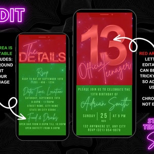 May include: A digital invitation template for a 13th birthday party. The template features a green and red color scheme with a neon pink text overlay. The text includes "The Details", "RSVP", "Date Time. Location", "Food & Drinks", "13 Official Teenager", "Please join us to celebrate the 13th birthday of", "Adrian Smith", "Sunday 25 Nov at 9 PM", "132 Anywhere St. Any City", "RSVP (321) 654-9876".