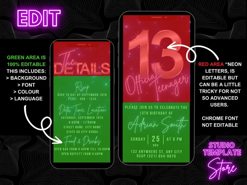 May include: A digital invitation template for a 13th birthday party. The template features a green and red color scheme with a neon pink text overlay. The text includes "The Details", "RSVP", "Date Time. Location", "Food & Drinks", "13 Official Teenager", "Please join us to celebrate the 13th birthday of", "Adrian Smith", "Sunday 25 Nov at 9 PM", "132 Anywhere St. Any City", "RSVP (321) 654-9876".