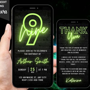 Faire-part numérique pour 9e anniversaire, invitation animée neuvième néon vert, soirée pyjama sur console de jeux pour garçons, carte virtuelle de remerciement auto-modifiable sur toile