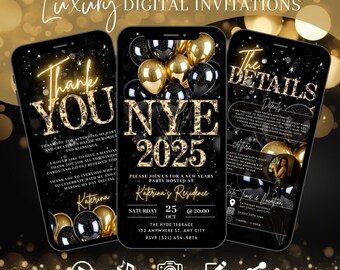May include: A digital invitation for a New Year's Eve party. The invitation features a black and gold colour scheme with a glittery background. The text on the invitation reads "Thank You", "NYE 2025", "Please join us for a New Years Party Hosted at Katerina's Residence", "Saturday 25 Oct @ 20:00", "The Hyde Terrace", "132 Anywhere St, Any City", "RSVP (321) 654-9876", and "The Details".