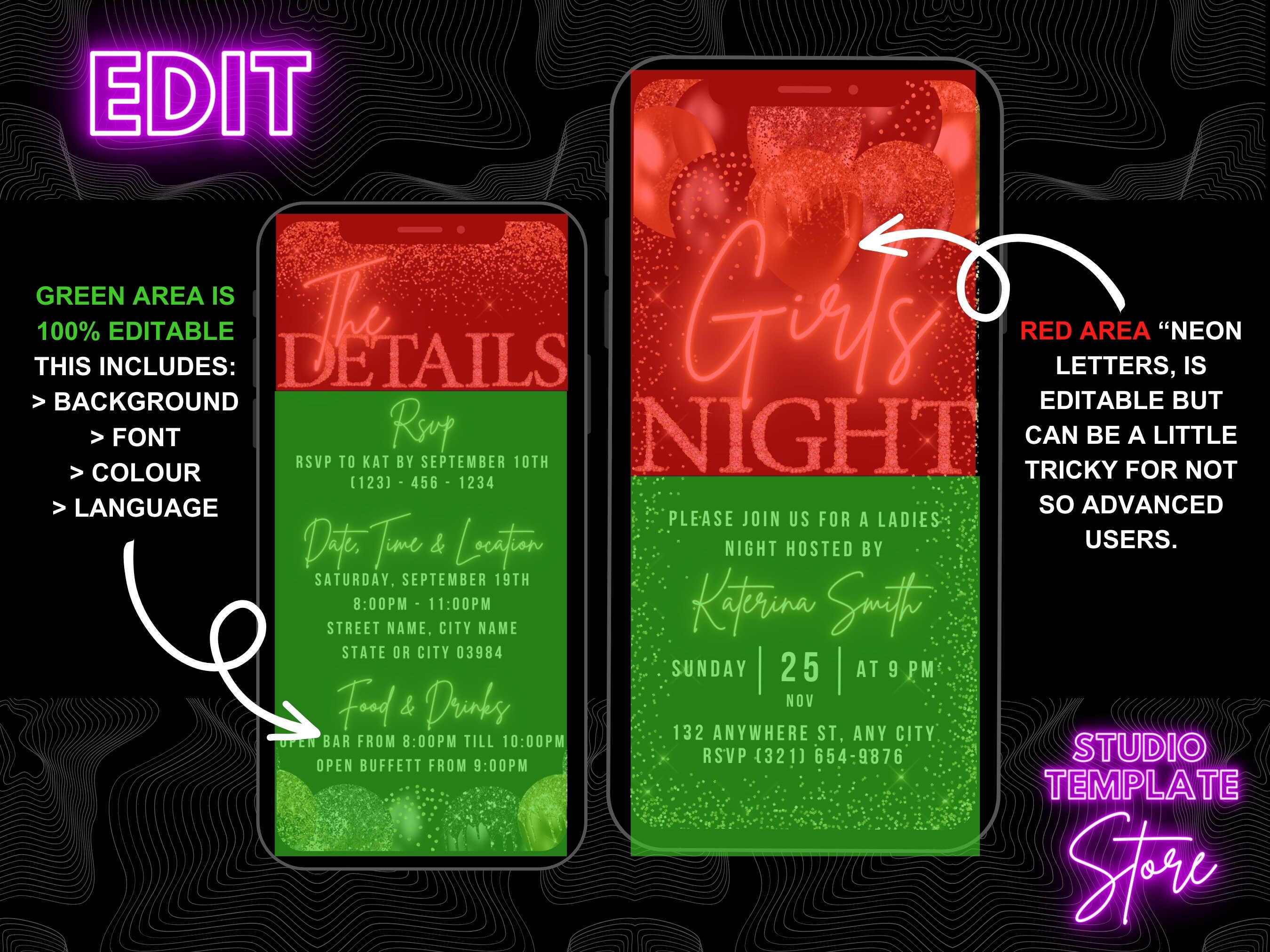 Digital Girls Night Out Invitation, Animated Fun Gold Black Birthday ...