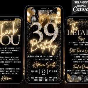 Puede incluir: Tres maquetas de teléfonos inteligentes negros y dorados con un fondo brillante. El primer teléfono dice "Gracias" con un diseño de brillo dorado. El segundo teléfono dice "39 cumpleaños" con un diseño de brillo dorado. El tercer teléfono dice "Los detalles" con un diseño de brillo dorado. El texto "RSVP a Kat antes del 10 de septiembre (123) 456-1234" está en el tercer teléfono.