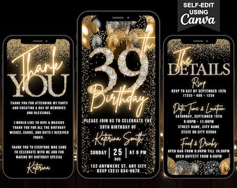 Digital 39th Birthday Invitation, 39 Invite, Animated Black Gold Balloon Diamond Party Black Tie Evite, Editable Itinerary & Thank You eCard