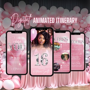 Digital Sweet 16th Birthday Invitation, Animated Sweet Sixteen Party Invite, Blush Pink Evite, Editable Vibes Itinerary & Thank You eCard