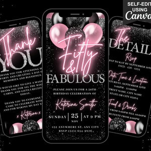 May include: Three black and silver smartphone mockups with a glittery background. The first phone says "Thank You" in pink neon lettering. The second phone says "Fifty & Fabulous" in pink neon lettering. The third phone says "The Details" in silver lettering and includes details for a 50th birthday party.