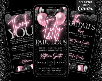 Faire-part 50e anniversaire rose noir, invitation numérique pour une étape importante pour femme, carte virtuelle modifiable glamour