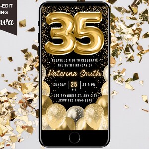35th Digital Flyer Birthday Invitation, Animated 35th Gold Dinner Party Invite, Womens DIY Brunch Evite, Self Edit Template eCard For Men