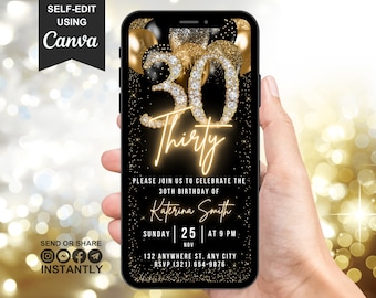 Digital 30th Birthday Invitation, Animated Thirty Black Gold Party Invite For Him, BBQ Evite for Men, Custom Canva Editable Phone Text eCard