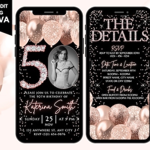 Plantilla de invitación digital para el 50.º cumpleaños, itinerario electrónico, invitación con confeti dorado rosa, foto personal