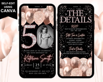 Plantilla digital de invitación de cumpleaños número 50, itinerario electrónico del día, invitación de cumpleaños número 50 con confeti oro rosa, foto con imagen personal.