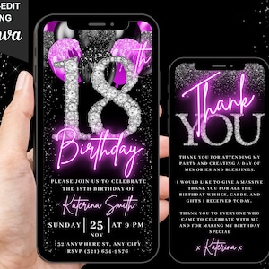 Digital 18th Birthday Invitation, Animated 18th Pink Black Invite For Teens, Diamond Eighteen Evite For Her, Self Editable Thank You eCard