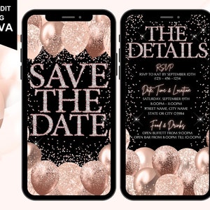 Save The Date Digitale Einladung, elektronischer Geburtstag, Überraschung, Jubiläumsfeier einladen, Roségold-Diamanten, Text Evite, bearbeitbare Vorlage