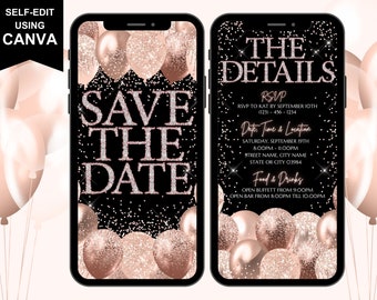 Save The Date Digitale Einladung, elektronische Geburtstag, Überraschung, Jubiläumsparty einladen, Rose Gold Diamanten, Text Evite, bearbeitbare Vorlage