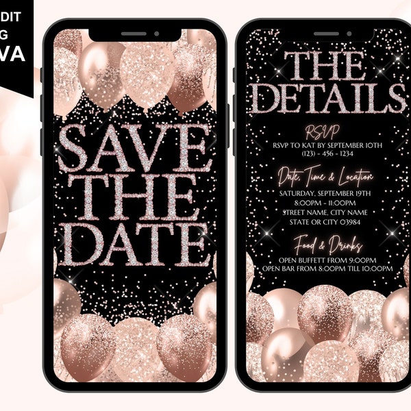 Save The Date Digital Invitation, Electronic Birthday, Surprise, Anniversary Party Invite, Rose Gold Diamonds, Text Evite, Editable Template