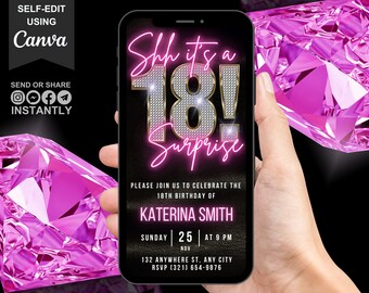 Digital Surprise 18th Birthday invitation, Animated 18th Party Pink Invite For Women, Dinner Party Evite For Her, Self Edit Template eCard