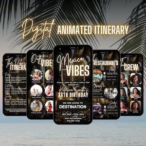 Digital Mexico Birthday Weekend Invitation, Animated Travel Cancun Itinerary, Gold Black Cabo Vacation Schedule Trip, Self Editable Planner