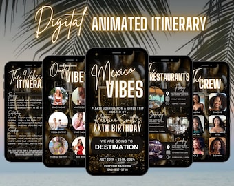 Digitale Mexiko Geburtstagswochenendeeinladung, animierter Reiseplan Cancun, Gold Schwarz Cabo Urlaubsplaner Reise, selbst bearbeitbarer Planer