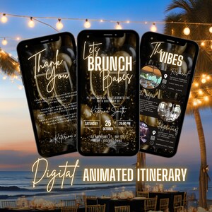 May include: A digital invitation for a brunch party with a black and gold color scheme. The invitation features a champagne flute, a date, and the text "Let's Brunch Babes".