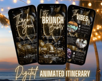 Invitación digital para brunch con chicas, invitación para fiesta de cumpleaños dorada, invitación electrónica para cena de mujeres, itinerario DIY de edición propia y tarjeta de agradecimiento electrónica.