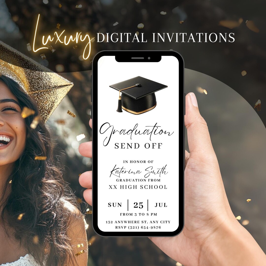 Digital Graduation Send off Invitation, Black Gold Graduate Party ...
