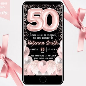 50th Birthday Digital Invitation, Electronic 50th Birthday Party Invite, Blush Pink Text Evite, Instant Download, Animated Fifty Template