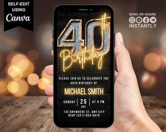 Digital 40th Birthday Invitation For Men, 40 Invite Ecard, Virtual Rustic Marquee BBQ Forty Party Invite For Him, Self Editable Template