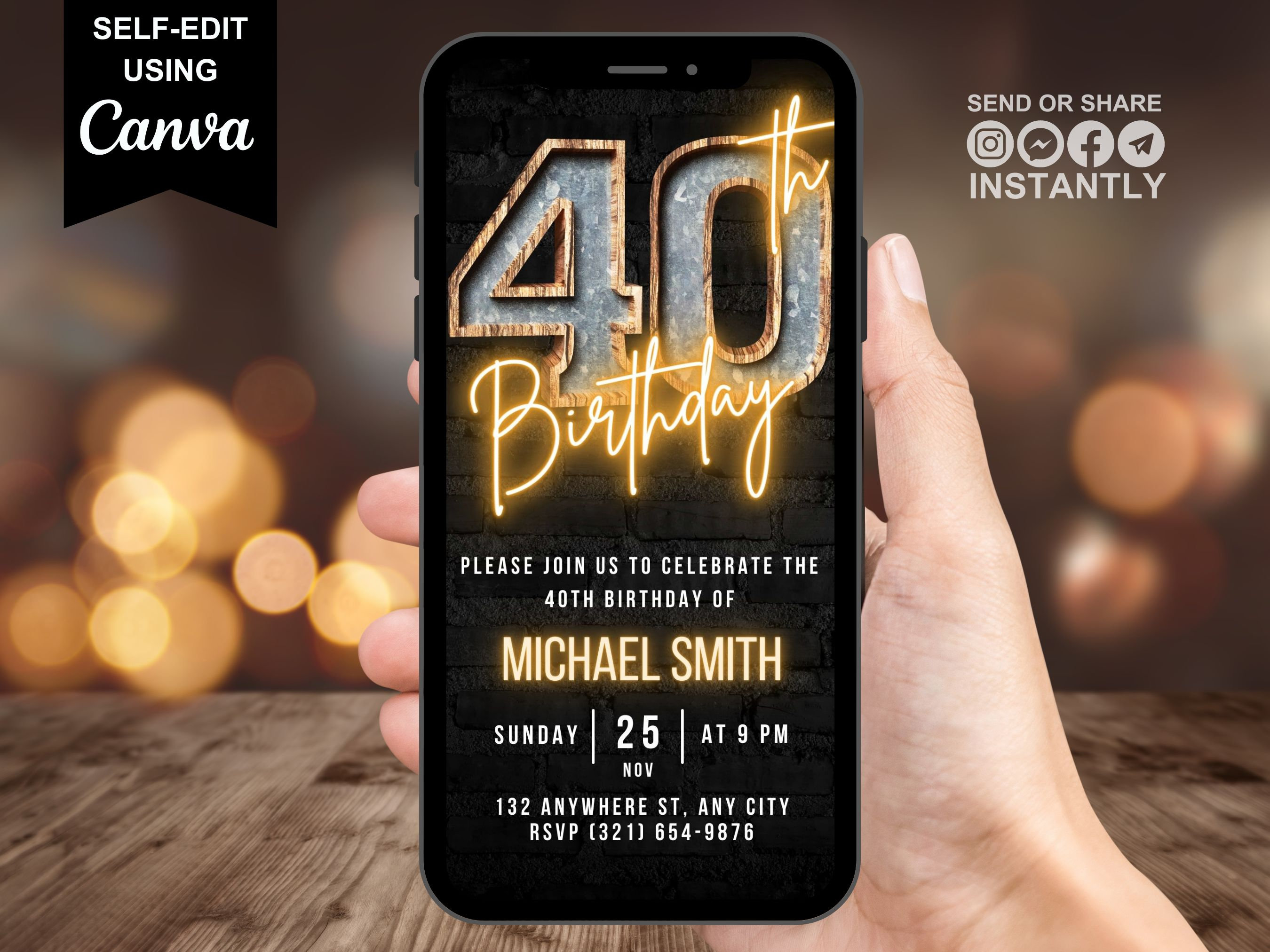 Digitale 40. Geburtstagseinladung für Männer, 40 Einladungs-Ecard, Virtuelle rustikale Marquee Grillparty einladen 40 für Ihn, selbst bearbeitbare Vorlage