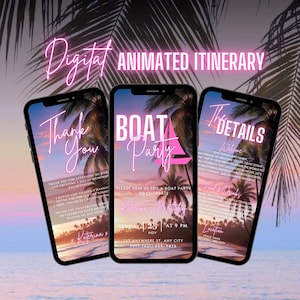 Digitale bootfeestuitnodiging, geanimeerde jachtfeestuitnodiging, Pink Palm Cruise Summer Boat Party Evite, bewerkbaar reisplansjabloon e-card