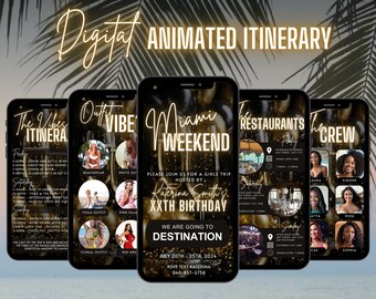 Digital Miami Birthday Weekend Invitation, Animated Travel Biscayne Itinerary, Black Gold Vacation Schedule Trip, Editable Planner Template