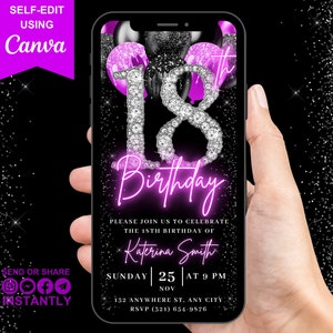 Digital 18th Birthday Invitation, Animated 18th Pink Black Invite For Teens, Balloon Diamond Eighteen Evite For Her, Self Editable eCard