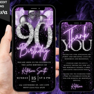 Faire-part numérique pour 90e anniversaire, invitation animée pour un brunch violet, Evite violet prune pour femme, carte électronique de remerciement modifiable par vos soins