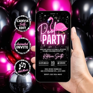 Invito digitale per festa in piscina, invito animato per festa di compleanno in piscina, invito rosa per barbecue sulla spiaggia per ragazze, modello di eCard modificabile