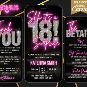 Digital Shhh It&#39;s a Surprise 18th Birthday invite, 18th Party Invitation Template, Text Message Editable Day Itinerary and Thank You eCard