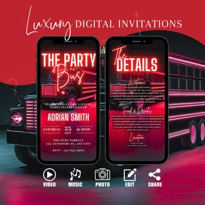 Digital VIP Party Bus Invitation, Boys Birthday Party Invite, Red Game Truck Party Evite For Men, Self Editable Itinerary Template eCard