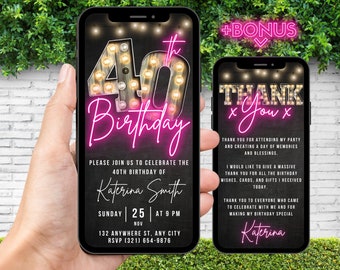 Digital 40th Birthday Invite, Animated Invitation For Women, Marquee Hot Pink Neon Evite Message, Self Editable Template & Thank You eCard