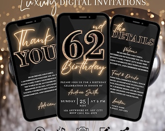 Convite digital para festa de 62 anos, convite animado para jantar em ouro preto para mulheres, convite de brunch para ela, modelo de itinerário editável eCard