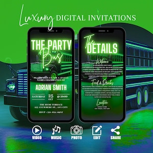 Digital VIP Party Bus Invitation, Boys Birthday Limo Party Invite, Green Gaming Bus Evite For Men, Self Editable ItineraryTemplate eCard