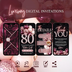Digital 80th Birthday Invitation, Envelope Rose Gold Burgundy Dinner Invite, Womens Maroon Eighty Evite, Self Editable DIY Template Ecard