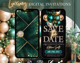 Emerald Save The Date Graduation Invitation, Digital Class of 2026 Invite, Animated Evite for Women, Green Gold Grad 2026 Announcement eCard
