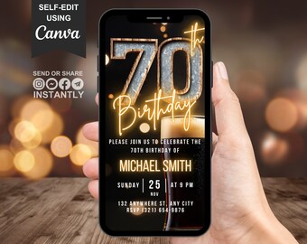 Digital 70th Birthday Invitation For Men, Beer Invite For Him, Rustic Backyard BBQ Seventy Dinner Evite For Him, Self Edit Template eCard